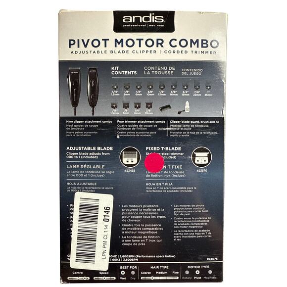 Andis 24075 Pivot Motor Hair Clipper Trimmer Combo Black -Missing 5 attachments - Picture 2 of 11